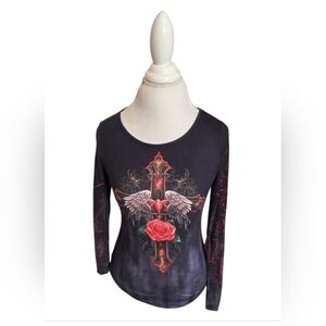 🌹 Elegant Black and Red Graphic Long Sleeve Top Sz S